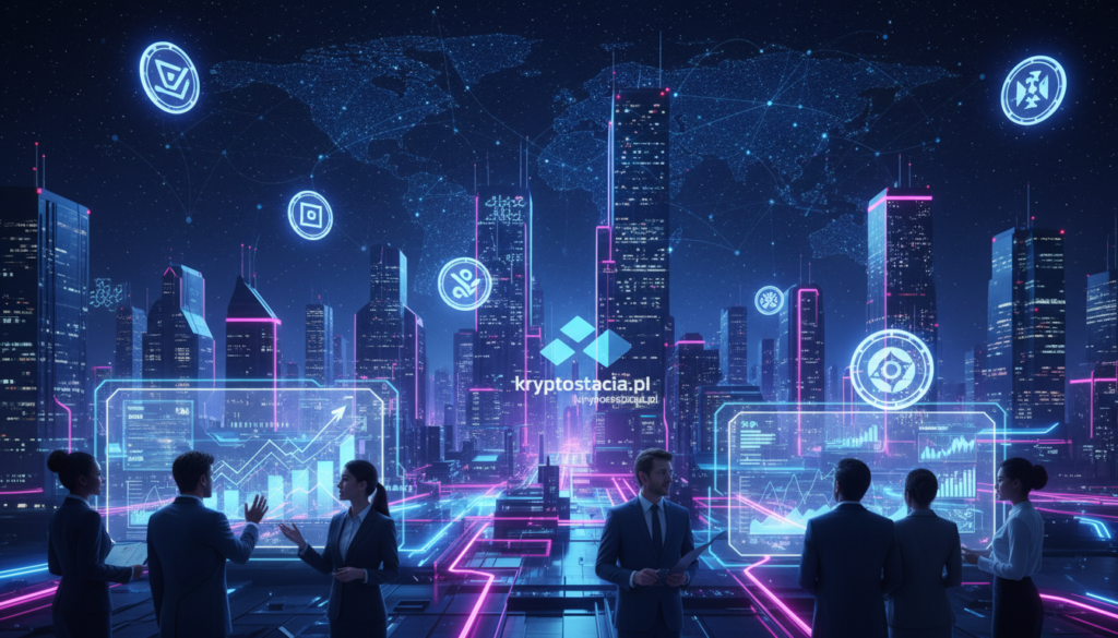 A futuristic digital landscape showcasing a variety of unknown cryptocurrencies, represented as glowing coins with unique designs and symbols. In the foreground, a diverse group of professional individuals in business attire engage in discussion, analyzing holographic screens displaying crypto statistics and trends. The middle ground features a high-tech cityscape, illuminated by neon lights, reflecting innovation and excitement in the financial sector. In the background, a night sky filled with stars and a glowing digital network symbolizes the potential of these cryptocurrencies for the year 2026. The atmosphere is energetic and inspiring, with a blue and purple color palette creating a sense of mystery and opportunity. Include the subtle branding of "kryptostacja.pl" integrated into the holographic displays without text or logos.