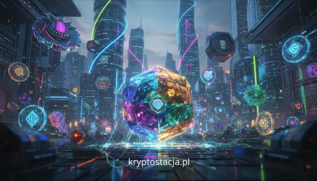 A vibrant and dynamic scene depicting a futuristic digital landscape that symbolizes extravagance in the world of blockchain. In the foreground, an elaborately designed token, shaped like a crystal with intricate geometric patterns, radiates colorful light, attracting attention. The middle ground features a bustling marketplace filled with abstract representations of various tokens, showcasing their uniqueness. In the background, a skyline of sleek skyscrapers, illuminated by neon lights, reflects innovation and modernity. The atmosphere is lively and energetic, suggesting a blend of technology and excitement. Soft, ambient lighting creates a sense of wonder, while the focus remains sharp on the central token design. The image should embody the concept of extravagant tokens, highlighting the unique and creative aspects of the blockchain world. Include subtle branding for "kryptostacja.pl" in an artistic manner.