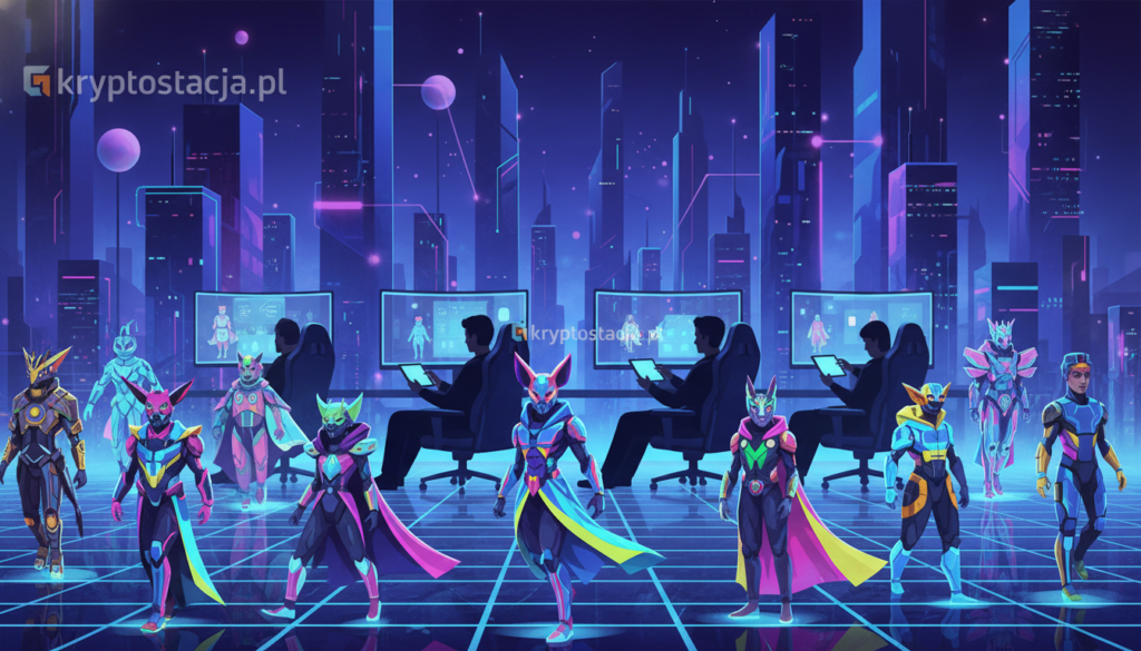 A vibrant illustration of digital avatars at the forefront, showcasing diverse and artistic designs, blending futuristic aesthetics with colorful elements like neon lines and geometric patterns. In the middle ground, collectors are seen engaging with their screens, mesmerized by the uniqueness of their digital collectibles. The background features a dynamic city skyline bathed in soft blue and purple lighting, creating a digital realm ambiance. Use a wide-angle lens to capture the depth of the scene, emphasizing the lively atmosphere surrounding the avatars. The mood is energetic and inspiring, highlighting the phenomenon of digital culture and collectibles. Include the brand name "kryptostacja.pl" subtly in the overall design, ensuring a professional appearance without any text overlays or watermarks.