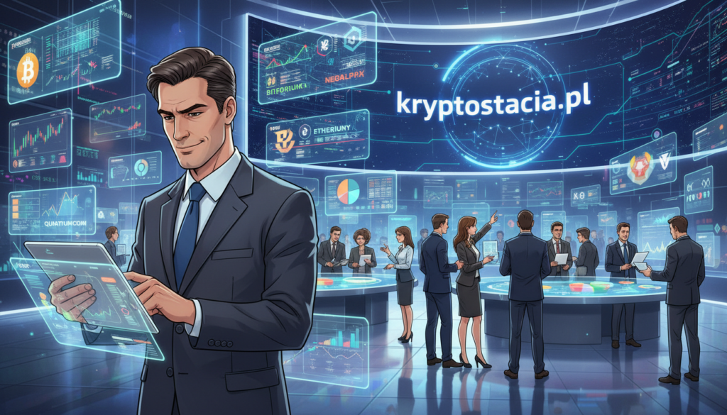 A vibrant illustration of the cryptocurrency market, showcasing a futuristic trading floor filled with digital screens displaying fluctuating market prices and various unknown cryptocurrencies. In the foreground, a professional-looking businessman in a smart suit analyzes data on a tablet, his expression focused and thoughtful. The middle ground features diverse groups of people discussing and collaborating on investment strategies, all in professional attire. In the background, a large digital wall displays the logo "kryptostacja.pl" animatedly, symbolizing innovation and potential. The lighting is bright and dynamic, reminiscent of an energetic stock exchange environment, casting soft reflections on glossy surfaces. The atmosphere conveys optimism and urgency, emphasizing the search for cryptocurrency opportunities.