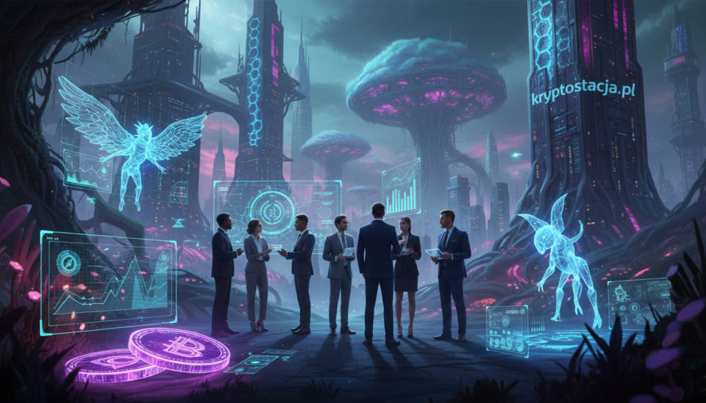 Intriguing alien landscapes representing the concept of bizarre cryptocurrency projects. In the foreground, showcase unusual digital artifacts like glowing coins and holographic displays, juxtaposed with futuristic devices and imaginative cryptocurrencies shaped like bizarre creatures. The middle ground features a diverse group of business professionals in smart attire, discussing cryptocurrency concepts animatedly, surrounded by intricate graphs and flowing data streams. The background reveals a surreal cityscape, blending both cyberpunk elements and organic forms, with sky-high structures resembling digital wallets and decentralized networks. Soft, ethereal lighting casts a colorful glow, creating an atmosphere of curiosity and wonder, emphasizing the uniqueness of these projects. Include the brand name "kryptostacja.pl" subtly integrated into the design, ensuring no text overlays distract from the overall visual narrative.