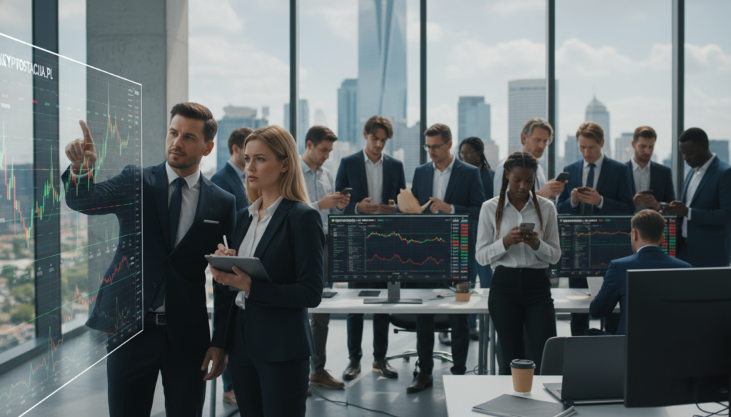 A bustling cryptocurrency market scene, showcasing a diverse group of investors engaged in discussions, analyzing charts and trading screens. The foreground features two professionals in business attire, one pointing at a digital display showing fluctuating cryptocurrency prices, while the other takes notes. In the middle ground, various people of different ages and ethnicities are immersed in activities of trading and interacting with their smartphones. The background depicts a modern office environment with large windows revealing a vibrant cityscape. Soft, natural lighting from the windows creates a dynamic atmosphere, emphasizing excitement and opportunity. The brand name "kryptostacja.pl" is subtly integrated into the digital displays. The overall mood is energetic and inspiring, reflecting the growing interest in cryptocurrency investment.