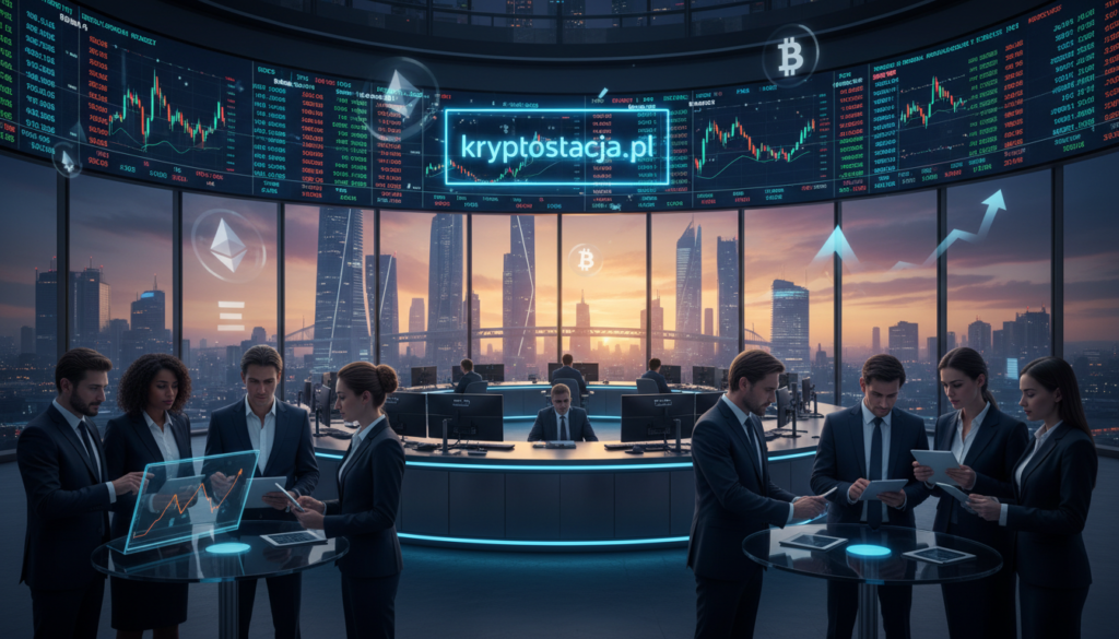 A bustling cryptocurrency market scene showcasing vibrant digital displays filled with real-time price charts and graphs. In the foreground, a diverse group of professionals in business attire analyzes cryptocurrency trends, their expressions reflecting intrigue and focus. The middle ground features a sleek trading desk with multiple screens, illuminating the area with a soft blue light. Behind, a panoramic view of a futuristic city skyline is visible through large glass windows, bathed in the warm glow of a sunset. Subtle digital symbols like Bitcoin and Ethereum icons float in the air, representing the dynamic nature of the crypto market. The overall atmosphere is one of excitement and opportunity, emphasizing the unexpected growth of the cryptocurrency sector. Include a prominent, stylized logo of "kryptostacja.pl" subtly in the scene.