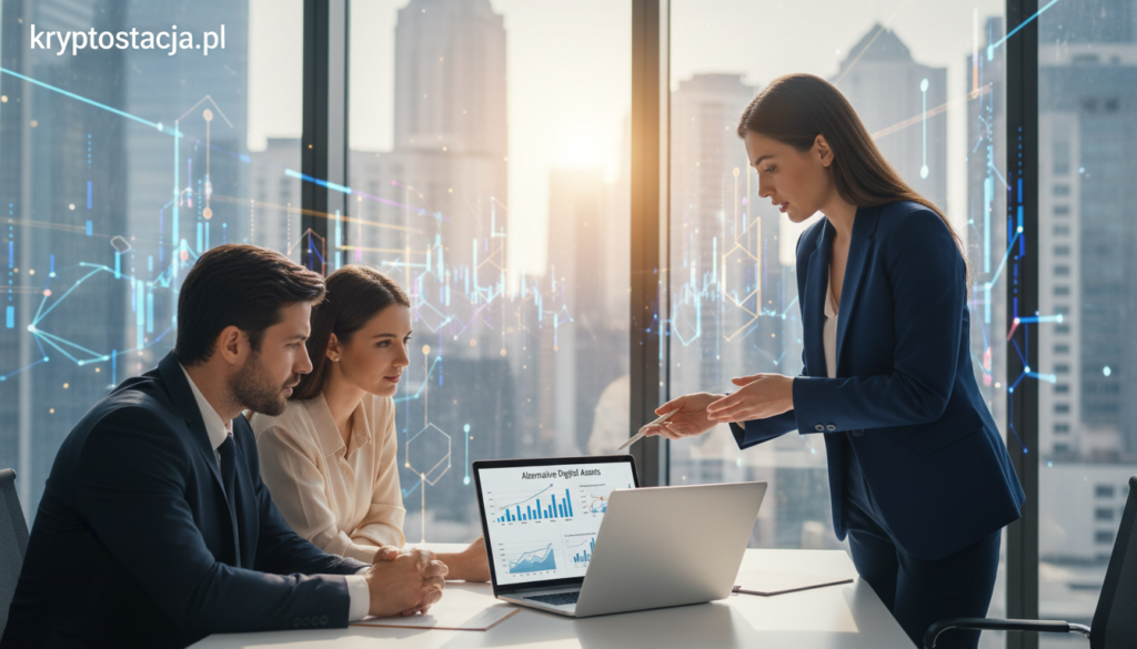 A captivating scene depicting the success of niche crypto projects, showcasing a group of diverse professionals in business attire engaged in a vibrant discussion around digital currency innovations. In the foreground, a confident woman presents charts and graphs on a sleek laptop, highlighting growth statistics, while two colleagues attentively listen. The middle ground features a modern office with large windows overlooking a bustling cityscape, illuminated by warm afternoon sunlight. In the background, abstract digital elements symbolize blockchain technology, with colorful, ethereal patterns representing the dynamism of the crypto market. The atmosphere is bright and optimistic, suggesting the transformative power of niche crypto ventures. Subtly include the brand name "kryptostacja.pl" within the scene as part of a presentation slide on the laptop.