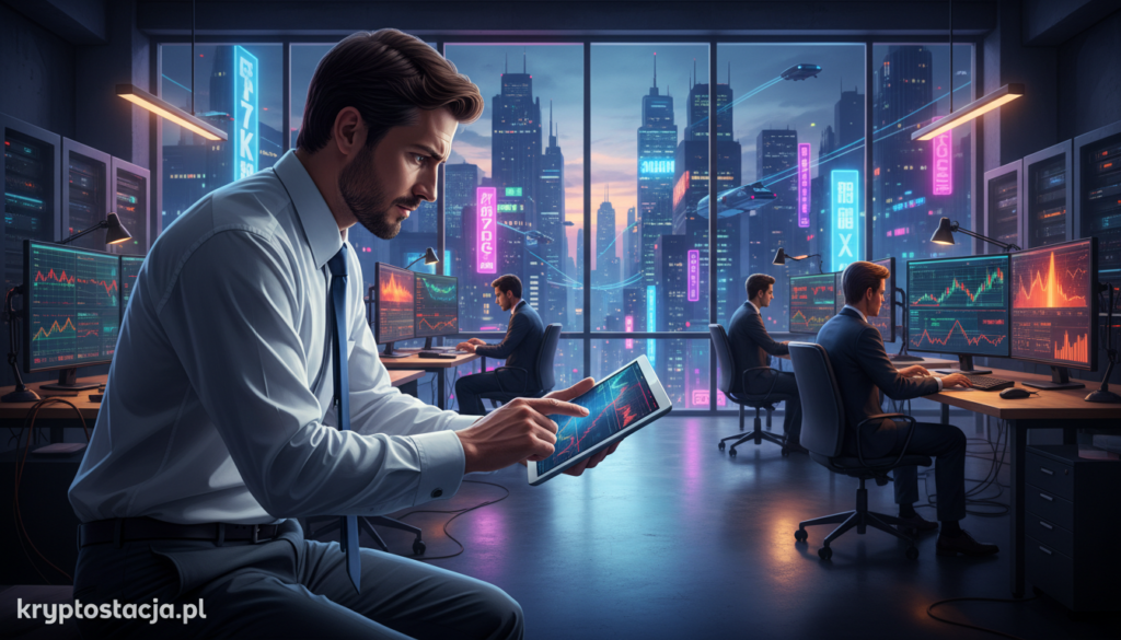 A captivating scene illustrating the concept of "psychologia szybkiego zysku" in the realm of cryptocurrency. In the foreground, a business professional in smart attire studies fluctuating cryptocurrency graphs on a digital tablet, their expression a mix of excitement and concern. The middle ground features a bustling office environment filled with high-tech screens displaying various cryptocurrencies, vibrant colors symbolizing volatility. In the background, a large window opens to a futuristic city skyline at dusk, with neon lights creating an electrifying atmosphere. The mood is intense and dynamic, illuminated by soft, warm artificial lighting mixed with cooler blue tones from the screens. The brand name "kryptostacja.pl" subtly integrated into the tablet’s interface completes the scene.