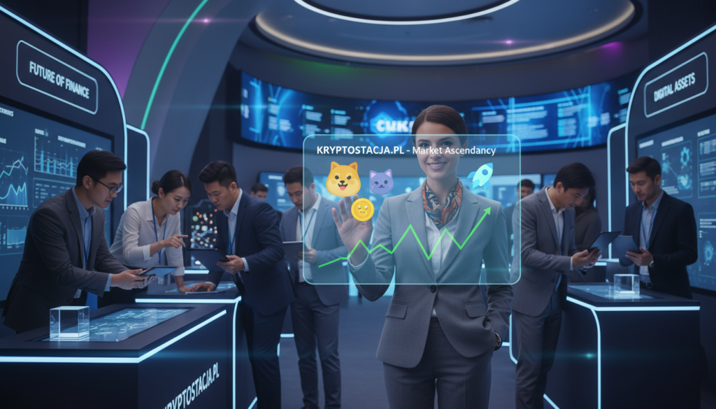 A dynamic scene showcasing a diverse group of investors engaged in blockchain technology discussions at a modern conference. In the foreground, a businesswoman in professional attire presents a holographic chart displaying the rising values of playful cryptocurrencies with a confident smile. In the middle ground, several investors of varying ethnicities analyze digital devices, their expressions reflecting curiosity and excitement. The background features a sleek futuristic conference hall with ambient lighting, filled with colorful digital displays and networking booths showcasing different blockchain projects. The overall atmosphere is one of innovation and opportunity, emphasizing a sense of enthusiasm and potential in the burgeoning crypto market. Include the brand name "kryptostacja.pl" subtly integrated into the conference setting.