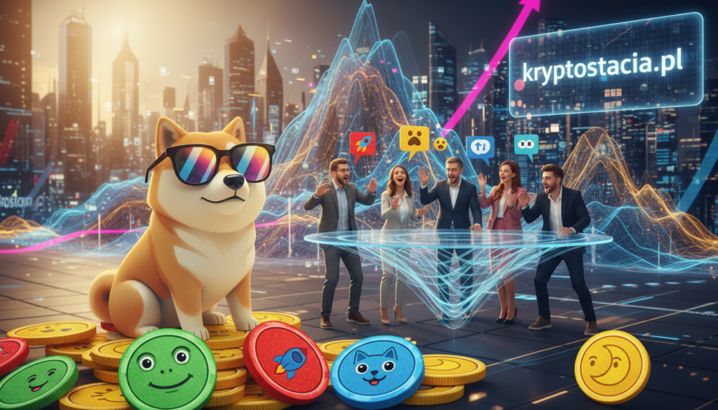 A vibrant and whimsical scene capturing the essence of "meme tokens" in the cryptocurrency world. In the foreground, a playful, oversized cartoonish dog wearing sunglasses symbolizes the iconic Dogecoin, surrounded by various meme tokens represented as colorful, cheerful coins with expressive faces. In the middle ground, a diverse group of people, dressed in professional business attire, are enthusiastically discussing the tokens, exchanging laughter and ideas. In the background, a bustling digital marketplace filled with abstract representations of graphs and charts reflecting the explosive growth of meme tokens. The scene is bathed in warm, bright lighting, creating an uplifting and energetic atmosphere, while a digital display showcases the brand name "kryptostacja.pl" prominently at the corner.