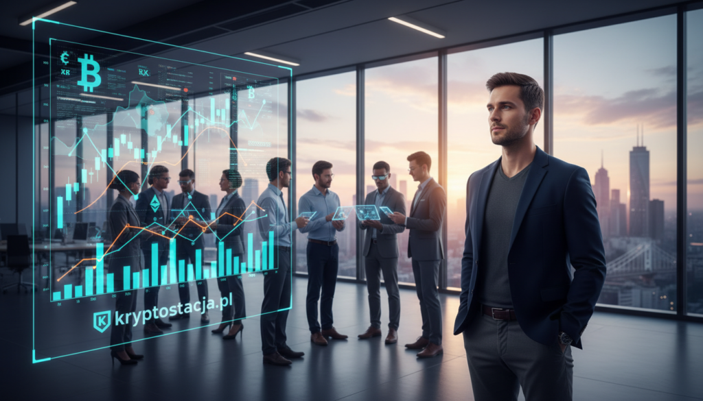 A vibrant digital asset marketplace, filled with futuristic elements and sleek displays showcasing various cryptocurrencies. In the foreground, a confident business professional in smart casual attire examines a holographic screen displaying fluctuating graphs and currency symbols. The middle ground features a diverse group of individuals engaging in discussions, representing a global community of investors, immersed in the dynamic atmosphere. The background is a modern, high-tech office environment with large windows revealing a bustling urban skyline illuminated by the soft glow of dawn light. The scene conveys excitement and intrigue about the world of digital currencies, representing both risk and fascination. The brand name "kryptostacja.pl" subtly integrated into one of the futuristic screens, enhancing the focus on digital assets.