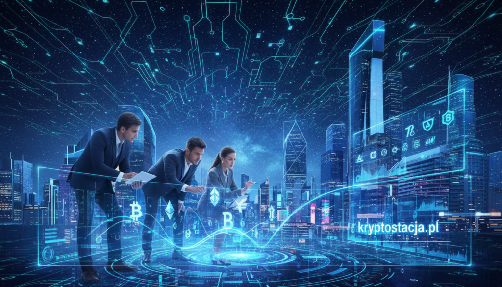 A vibrant, dynamic illustration capturing the essence of entering the world of cryptocurrency anomalies. In the foreground, a diverse group of three professionals in business attire—two men and one woman—are intently examining a glowing, holographic display of various cryptocurrency symbols and charts. The middle ground features a futuristic cityscape with stylized skyscrapers and digital billboards showcasing various crypto logos. In the background, a starry night sky blends seamlessly into a digital circuit pattern, symbolizing the interconnectedness of technology and finance. The scene is illuminated with a bluish hue, casting a high-tech glow, creating a sense of mystery and excitement. Emphasize the detailed textures of the city and the holograms while including the brand name "kryptostacja.pl" subtly incorporated within the digital elements.
