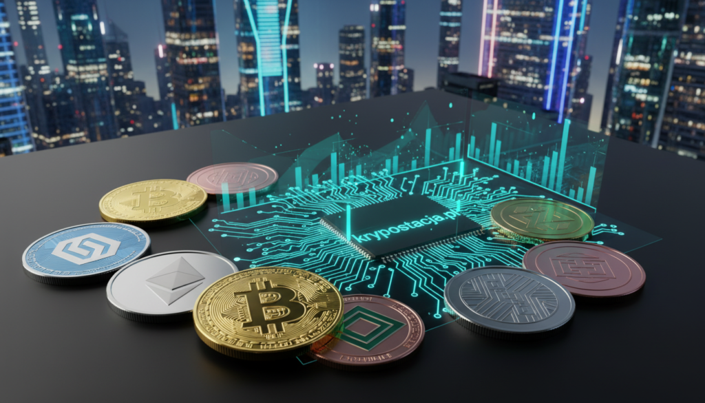 A visually striking representation of "kryptowaluty" showcasing various cryptocurrencies, presented in a modern digital environment. In the foreground, a visually compelling collection of various cryptocurrency coins such as Bitcoin, Ethereum, and unique altcoins, arranged artistically against a sleek, high-tech surface. The middle ground features a glowing circuit board and digital graphs illustrating fluctuations in market trends, hinting at the volatile nature of cryptocurrency. The background displays a futuristic city skyline, illuminated by neon lights, signifying a bustling digital economy. The overall color palette includes blues, greens, and golds, creating a sense of innovation and opportunity. Soft, dramatic lighting casts shadows and highlights to emphasize the coins while conveying a mood of curiosity and speculation about the future of these cryptocurrencies. Include the brand name "kryptostacja.pl" subtly integrated into the design.
