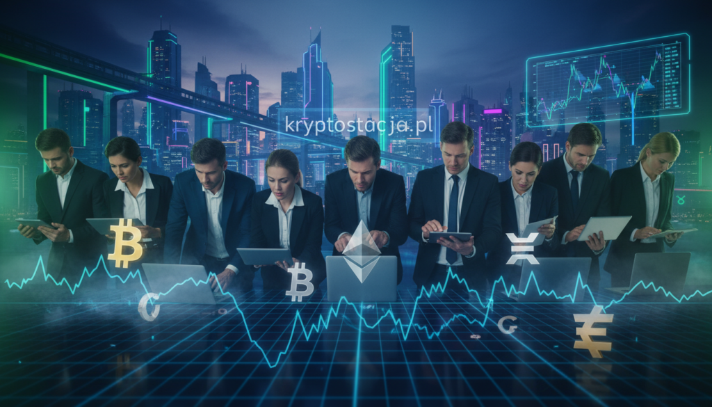 A visually striking representation of the cryptocurrency market, emphasizing its volatility and unpredictability. In the foreground, a dynamic graph with fluctuating lines and various digital currency symbols, like Bitcoin and Ethereum, reflecting rapid changes. In the middle ground, a diverse group of professionals, dressed in business attire, intently studying market charts on tablets and laptops, showcasing a sense of urgency. The background features a futuristic city skyline with bright neon lights suggesting innovation. Use dramatic lighting to enhance the contrast and create an intense atmosphere, with a focus on blues and greens to evoke tech-savvy vibes. The image should convey both excitement and caution, emphasizing why the cryptocurrency market is susceptible to unforeseen events. Include "kryptostacja.pl" subtly integrated into the scene.