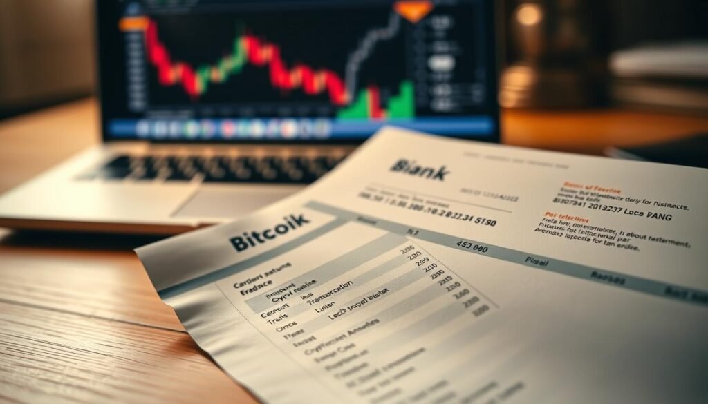 A close-up view of a bank account statement, detailed and visually engaging, lying on a wooden desk. The statement should show typical banking details like account balance, transaction history, and bank logo, with a focus on clarity and realism. In the background, a softly blurred laptop displaying a cryptocurrency exchange interface adds context to the topic. The lighting is warm and inviting, with a soft focus for depth, creating a sense of urgency and caution. The mood is serious yet informative, suitable for a financial article. Ensure there are no people in the image, as this will maintain a professional focus on the bank statement itself.