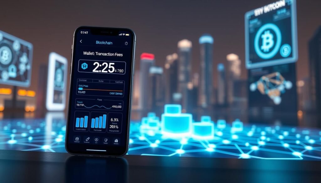 A conceptual visualization of blockchain transaction fees, focusing on a digital ledger with dynamic graphics. In the foreground, a sleek smartphone displays a high-tech wallet app, showcasing zero fees and quick transactions. The middle ground features a vibrant, glowing network of interconnected blocks representing blockchain technology, with visual indicators of cost savings and efficiency. The background includes a futuristic city skyline subtly lit by digital screens and holographic images of cryptocurrencies. Soft, ambient lighting creates a professional yet optimistic atmosphere. The overall mood conveys innovation and opportunity in the world of cryptocurrency investment. Capture this scene with a shallow depth of field to emphasize the smartphone in the foreground against the bustling digital backdrop. A conceptual visualization of blockchain transaction fees, focusing on a digital ledger with dynamic graphics. In the foreground, a sleek smartphone displays a high-tech wallet app, showcasing zero fees and quick transactions. The middle ground features a vibrant, glowing network of interconnected blocks representing blockchain technology, with visual indicators of cost savings and efficiency. The background includes a futuristic city skyline subtly lit by digital screens and holographic images of cryptocurrencies. Soft, ambient lighting creates a professional yet optimistic atmosphere. The overall mood conveys innovation and opportunity in the world of cryptocurrency investment. Capture this scene with a shallow depth of field to emphasize the smartphone in the foreground against the bustling digital backdrop.