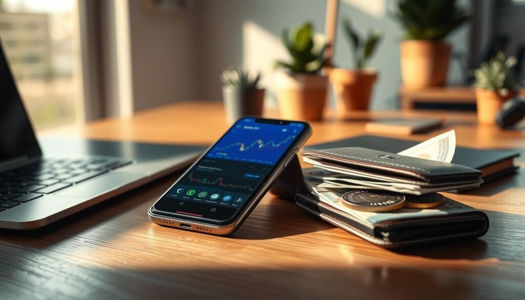 A detailed and realistic depiction of a cryptocurrency wallet on a wooden desk, showcasing both a digital wallet interface on a sleek smartphone and a traditional physical wallet. The smartphone should display a vibrant, user-friendly app interface for a crypto exchange, with graphs demonstrating market trends. The physical wallet should be open, revealing crypto coins and bank notes. Soft, natural light streams in from a nearby window, casting gentle shadows that create an inviting atmosphere. In the background, blurred elements of a modern office environment can be seen, including a laptop and some potted plants, conveying a sense of professionalism. The image should exude a mood of confidence and innovation, highlighting the importance of control over cryptocurrencies. A detailed and realistic depiction of a cryptocurrency wallet on a wooden desk, showcasing both a digital wallet interface on a sleek smartphone and a traditional physical wallet. The smartphone should display a vibrant, user-friendly app interface for a crypto exchange, with graphs demonstrating market trends. The physical wallet should be open, revealing crypto coins and bank notes. Soft, natural light streams in from a nearby window, casting gentle shadows that create an inviting atmosphere. In the background, blurred elements of a modern office environment can be seen, including a laptop and some potted plants, conveying a sense of professionalism. The image should exude a mood of confidence and innovation, highlighting the importance of control over cryptocurrencies.