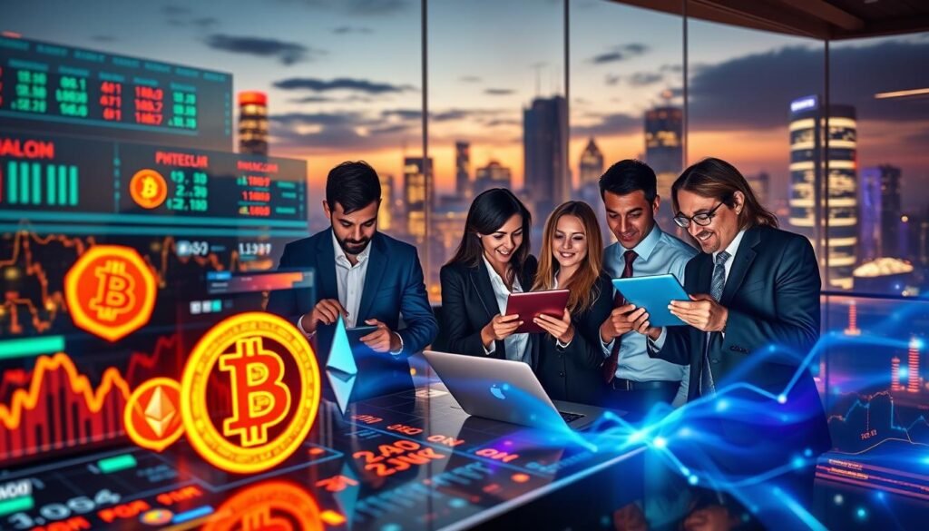 A detailed and visually captivating scene depicting the comparison between cryptocurrency exchange platforms. In the foreground, a sleek digital interface displays vibrant cryptocurrency symbols like Bitcoin and Ethereum, with holographic charts showcasing fluctuating prices. In the middle ground, a modern office setting features a diverse group of professionals in business attire, analyzing data on laptops and tablets, engaged in an animated discussion about their crypto investments. The background showcases a futuristic cityscape, illuminated by shimmering lights at twilight, hinting at technological advancement and finance. The overall mood is one of excitement and innovation, with dynamic lighting highlighting the digital elements and the professionals' expressions of concentration and enthusiasm. A detailed and visually captivating scene depicting the comparison between cryptocurrency exchange platforms. In the foreground, a sleek digital interface displays vibrant cryptocurrency symbols like Bitcoin and Ethereum, with holographic charts showcasing fluctuating prices. In the middle ground, a modern office setting features a diverse group of professionals in business attire, analyzing data on laptops and tablets, engaged in an animated discussion about their crypto investments. The background showcases a futuristic cityscape, illuminated by shimmering lights at twilight, hinting at technological advancement and finance. The overall mood is one of excitement and innovation, with dynamic lighting highlighting the digital elements and the professionals' expressions of concentration and enthusiasm.