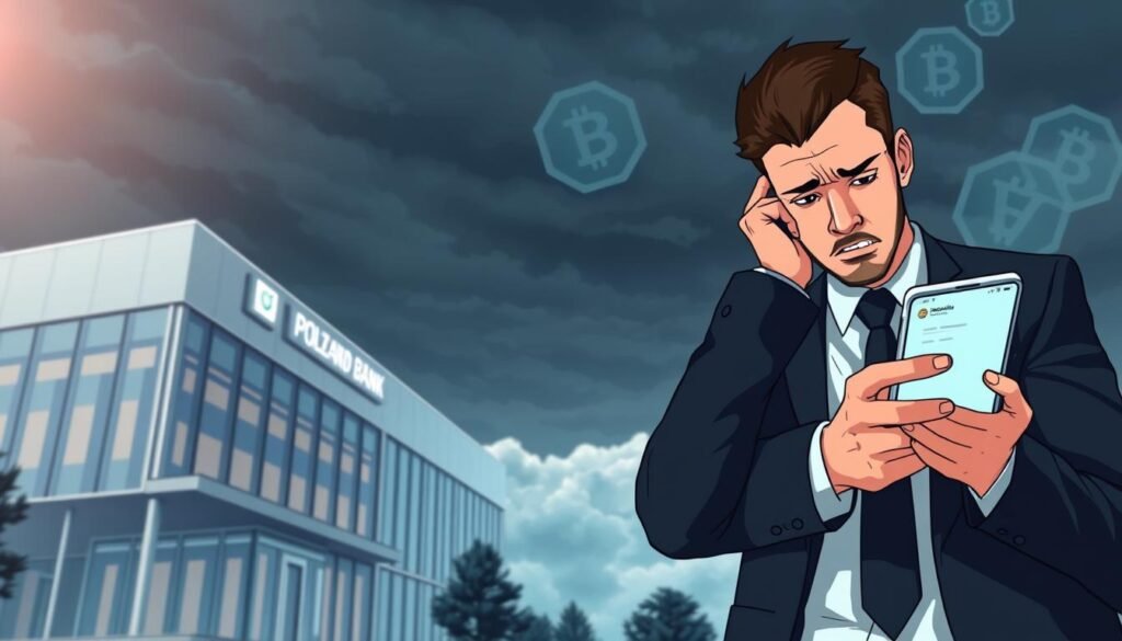 A digital illustration depicting a modern cryptocurrency bank in Poland, highlighting themes of security and caution. In the foreground, a sleek, futuristic bank building with glass and steel architecture reflects the idea of digital finance. In the middle ground, a worried individual in professional business attire is seen glancing nervously at their smartphone, which displays cryptocurrency transaction alerts. In the background, dark clouds loom, symbolizing uncertainty and anxiety about account security. Soft yet dramatic lighting casts shadows across the scene, creating a tense atmosphere. The angle is slightly tilted to emphasize the feeling of instability and alertness, capturing the mood of apprehension surrounding cryptocurrency transactions in a financial institution.