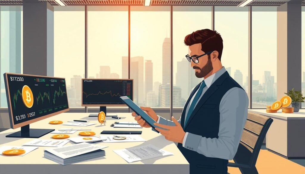 A digital illustration of a modern financial office representing Bitcoin transactions. In the foreground, a professional in business attire, focused and analytical, is comparing cryptocurrency prices on a tablet, displaying charts and graphs. The middle ground features a sleek desk with currency exchange rate monitors, Bitcoin logos, and various financial documents scattered about. In the background, large windows reveal a bright cityscape, symbolizing innovation and technology. The lighting is bright and warm, emphasizing clarity and professionalism. The overall atmosphere should be one of efficiency, opportunity, and careful consideration, inviting viewers to contemplate the best approach before making a Bitcoin purchase.