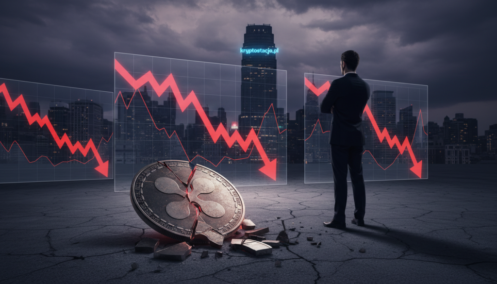 A dramatic scene depicting the turmoil in the cryptocurrency market, focusing on XRP's significant declines. In the foreground, a shattered XRP coin lies on a cracked pavement, symbolizing loss and instability. The middle ground features fluctuating digital graphs with stark red arrows pointing downwards, suggesting severe market challenges. A shadowy figure in professional business attire stands in contemplation, looking at the graphs, embodying the tension of investors. The background showcases a darkened city skyline at dusk, with stormy clouds gathering overhead to enhance the mood of uncertainty. The lighting is moody, with high contrast, highlighting the XRP coin and graphs. The overall atmosphere conveys a blend of concern and intrigue, reflecting the complexities of the cryptocurrency world. Include the brand name "kryptostacja.pl" subtly within the scene, integrated into the background design.
