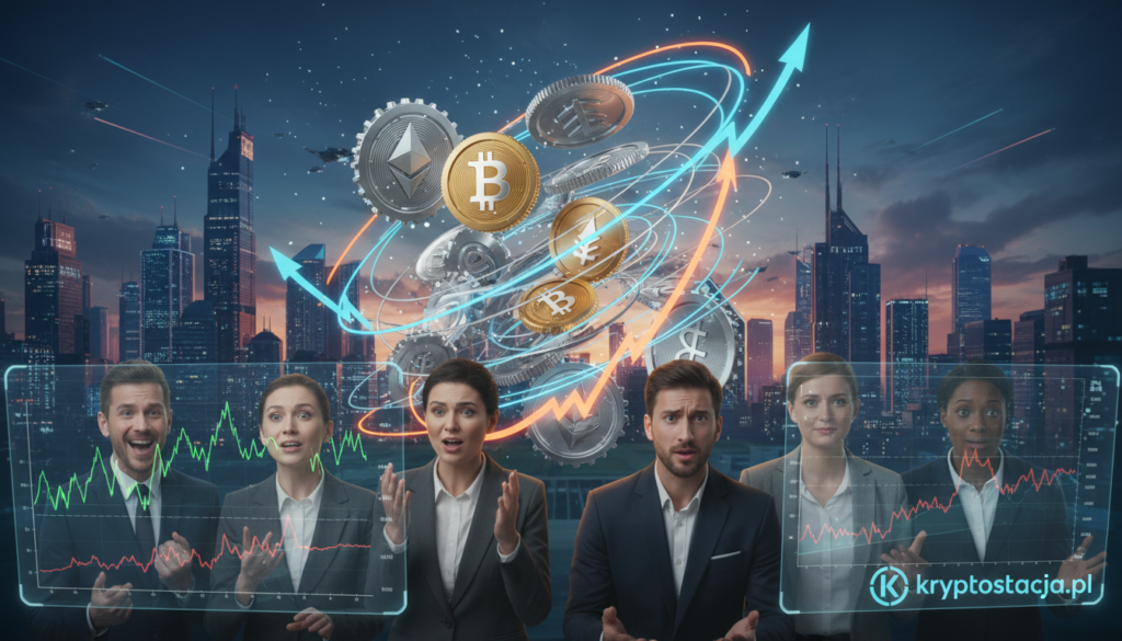 A dynamic financial market scene illustrating cryptocurrency volatility. In the foreground, a diverse group of investors in professional attire, looking at digital screens displaying fluctuating crypto graphs and symbols, showing expressions of excitement and concern. The middle ground features a stylized representation of rising and falling cryptocurrency coins surrounded by abstract graphs and arrows indicating volatility. In the background, a futuristic city skyline at dusk, bathed in a mix of blue and orange light that reflects the mood of uncertainty and opportunity in trading. Capture the tension and intrigue of the cryptocurrency market, emphasizing its unpredictable nature. Brand logo: kryptostacja.pl.