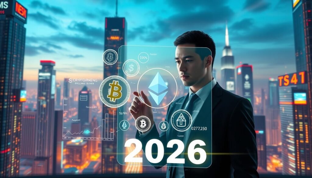 A futuristic and sleek digital environment showcasing cryptocurrency concepts. In the foreground, a glowing holographic display of various cryptocurrencies (like Bitcoin, Ethereum, and others) visualized as 3D tokens, surrounded by data streams and graphs illustrating market trends. In the middle, a professional user, dressed in business attire, interacts with the holographic interface, studying exchange rates. The background presents an abstract cityscape filled with towering skyscrapers adorned with digital screens displaying financial news, all under a twilight sky infused with neon colors. Soft, focused lighting highlights the user and the hologram, creating a modern, tech-savvy atmosphere that reflects the contrast between traditional and digital currency exchange methods. The image conveys a sense of innovation and financial enthusiasm in the year 2026. A futuristic and sleek digital environment showcasing cryptocurrency concepts. In the foreground, a glowing holographic display of various cryptocurrencies (like Bitcoin, Ethereum, and others) visualized as 3D tokens, surrounded by data streams and graphs illustrating market trends. In the middle, a professional user, dressed in business attire, interacts with the holographic interface, studying exchange rates. The background presents an abstract cityscape filled with towering skyscrapers adorned with digital screens displaying financial news, all under a twilight sky infused with neon colors. Soft, focused lighting highlights the user and the hologram, creating a modern, tech-savvy atmosphere that reflects the contrast between traditional and digital currency exchange methods. The image conveys a sense of innovation and financial enthusiasm in the year 2026.