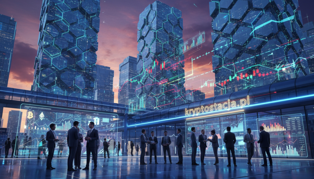 A futuristic cityscape representing the evolution of digital asset markets, with towering skyscrapers made of blockchain-inspired architecture in the background. In the foreground, a diverse group of professionals in business attire engages in discussions over holographic displays showcasing cryptocurrency trends and metrics. The middle ground features an intricate network of digital trading graphs and symbols, subtly illuminated by neon lights casting reflections on glass surfaces. A vibrant twilight sky with colorful clouds adds to the sense of innovation and progress. The atmosphere is dynamic yet professional, conveying excitement and opportunity in the digital asset space. The image should include the brand name "kryptostacja.pl" elegantly integrated into the scene without being intrusive.