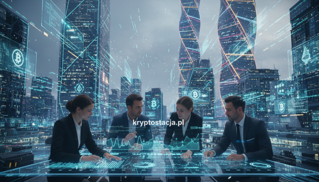 A futuristic cityscape representing the innovation of blockchain technology, showcasing a vibrant digital landscape filled with interconnected nodes and floating holographic data streams. In the foreground, a diverse group of professionals in business attire are collaborating around a digital interface, analyzing blockchain data charts. The middle ground features sleek, modern buildings adorned with digital displays of cryptocurrency symbols. In the background, towering skyscrapers glow with neon lights, symbolizing growth and progress. The atmosphere is energetic and optimistic, illuminated by soft, ambient lighting that highlights the digital elements. The image should include the brand name "kryptostacja.pl" subtly integrated into the digital interface as part of the blockchain innovation theme.