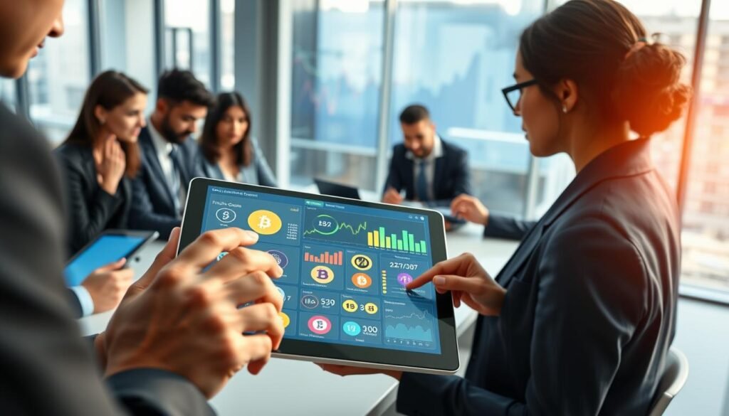 A futuristic cryptocurrency market scene, featuring a diverse group of professionals in business attire analyzing various digital currencies on sleek tablets and holographic displays. In the foreground, a close-up of hands interacting with a tablet showcasing a colorful digital dashboard of cryptocurrency options, highlighting different projects and data visualizations. The middle ground depicts a modern conference room with large windows, allowing natural light to illuminate the space. In the background, abstract graphs and charts illustrate market trends and diversification strategies. The atmosphere is focused and innovative, emphasizing collaboration and the dynamic nature of the cryptocurrency market. The lighting is bright, reflecting a sense of optimism and opportunity in the financial landscape of 2026. A futuristic cryptocurrency market scene, featuring a diverse group of professionals in business attire analyzing various digital currencies on sleek tablets and holographic displays. In the foreground, a close-up of hands interacting with a tablet showcasing a colorful digital dashboard of cryptocurrency options, highlighting different projects and data visualizations. The middle ground depicts a modern conference room with large windows, allowing natural light to illuminate the space. In the background, abstract graphs and charts illustrate market trends and diversification strategies. The atmosphere is focused and innovative, emphasizing collaboration and the dynamic nature of the cryptocurrency market. The lighting is bright, reflecting a sense of optimism and opportunity in the financial landscape of 2026.