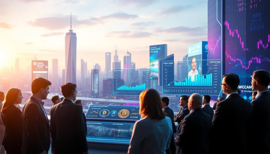 A futuristic digital landscape illustrating cryptocurrency platforms. In the foreground, a diverse group of professionals dressed in smart business attire, intently discussing crypto investments, with holographic screens displaying various cryptocurrencies. The middle ground features sleek, modern interfaces showcasing charts and graphs that symbolize market trends and no-commission trading options. The background depicts a vibrant city skyline with digital billboards promoting cryptocurrency, surrounded by a subtle blue and purple neon glow that conveys a sense of innovation. Soft, ambient lighting highlights the scene, creating a dynamic atmosphere of excitement and opportunity in the investment world. Focused angle, depth of field effect, emphasizing the collaboration among investors. A futuristic digital landscape illustrating cryptocurrency platforms. In the foreground, a diverse group of professionals dressed in smart business attire, intently discussing crypto investments, with holographic screens displaying various cryptocurrencies. The middle ground features sleek, modern interfaces showcasing charts and graphs that symbolize market trends and no-commission trading options. The background depicts a vibrant city skyline with digital billboards promoting cryptocurrency, surrounded by a subtle blue and purple neon glow that conveys a sense of innovation. Soft, ambient lighting highlights the scene, creating a dynamic atmosphere of excitement and opportunity in the investment world. Focused angle, depth of field effect, emphasizing the collaboration among investors.