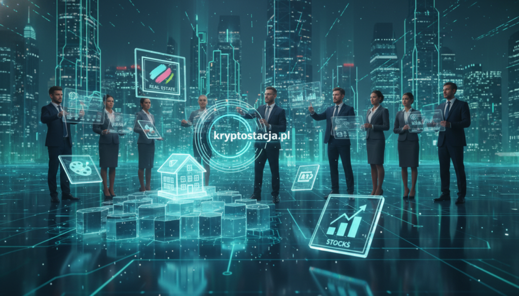 A futuristic digital landscape showcasing asset tokenization, featuring a stylized blockchain structure in the foreground, with glowing digital tokens representing various assets like real estate, art, and stocks. In the middle ground, blend illustrations of diverse professionals in smart business attire interacting with holographic interfaces, analyzing data and virtual charts. The background consists of a city skyline illuminated by soft blue and green lights, symbolizing innovation and technology. Use a wide-angle lens perspective to create depth, with dynamic lighting casting reflections on the surfaces. The overall mood is optimistic and forward-looking, encapsulating the potential of cryptocurrency and innovative financial solutions, branded subtly with "kryptostacja.pl" included within the digital elements.