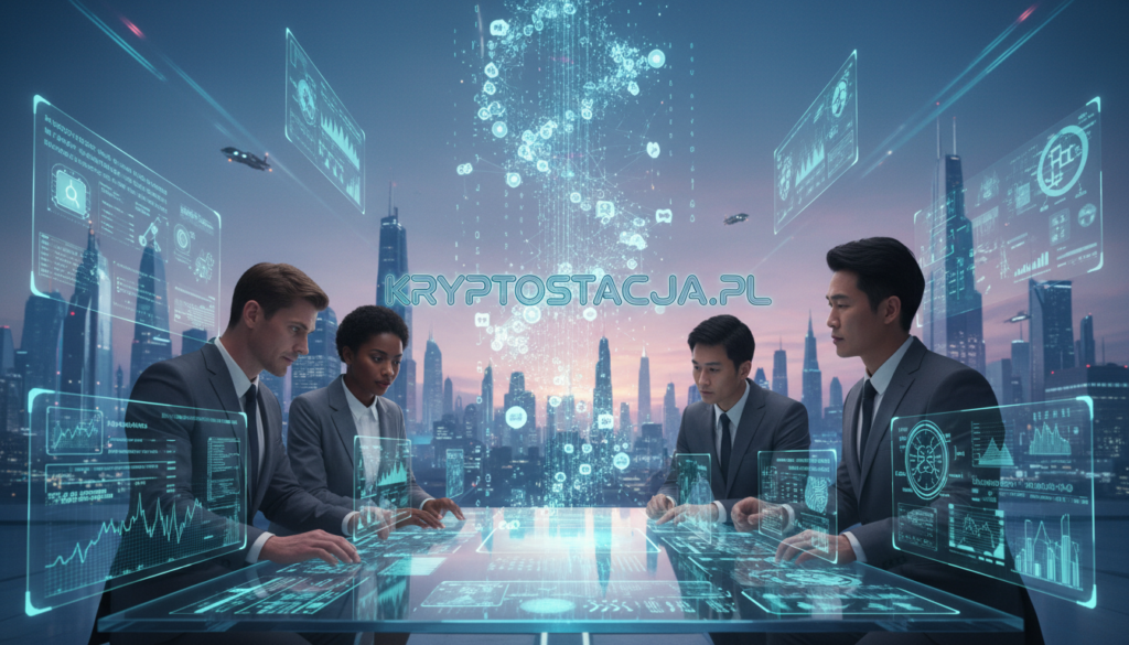 A futuristic scene illustrating the potential of artificial intelligence in the blockchain world. In the foreground, a diverse group of professional individuals—Caucasian, Black, and Asian descent—wearing business attire, are engaged in a vibrant discussion around digital screens showcasing blockchain data and AI algorithms. In the middle ground, holographic elements represent various blockchain projects, interwoven with AI motifs, like neural networks and circuit patterns. The background features a sleek, modern city skyline bathed in soft blue and purple lighting that evokes innovation and technology. The atmosphere should be dynamic and optimistic, symbolizing the transformative power of AI in the blockchain industry. Add stylish graphics representing "kryptostacja.pl" subtly integrated into the scene.