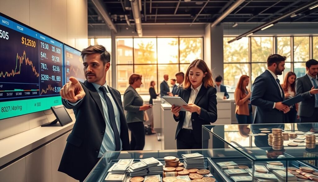 A modern cryptocurrency exchange office bustling with activity. In the foreground, a professional male trader in a tailored suit points at a digital display showing fluctuating Bitcoin prices and cash transaction options, while a female trader wearing smart casual attire examines a tablet. In the middle, sleek glass counters showcase various cryptocurrencies and cash transactions. Tech-savvy clients engage in discussions, highlighting both physical cash and digital currency. The background features large windows allowing warm, natural light to filter in, creating a bright, inviting atmosphere. The ambiance conveys a sense of innovation and security in cryptocurrency trading, emphasizing the contrast between traditional cash transactions and the rapid rise of digital currencies.