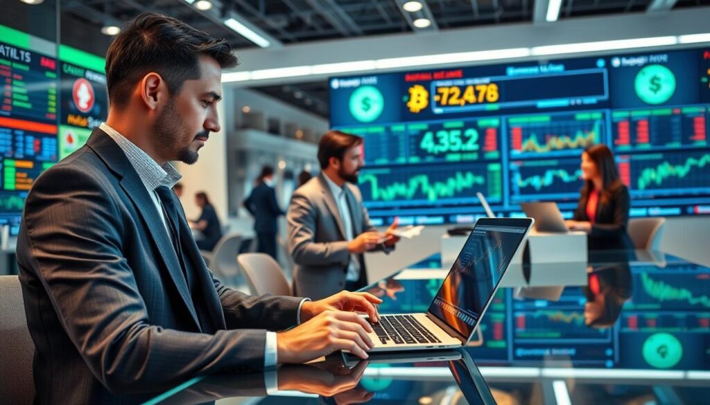 A modern cryptocurrency exchange office, vibrant and bustling with activity. In the foreground, a well-dressed professional, wearing a tailored suit, is analyzing crypto charts on a sleek laptop at a contemporary glass desk. The middle ground features another individual engaging in a dialogue with a friendly customer service representative, both appearing focused and knowledgeable. The background shows visually appealing digital screens displaying real-time cryptocurrency prices and market trends, creating a high-tech atmosphere. Soft, bright lighting enhances the energetic vibe, while a wide-angle perspective captures the spacious, open feel of the office. The overall mood conveys professionalism, trust, and innovation within the cryptocurrency landscape. A modern cryptocurrency exchange office, vibrant and bustling with activity. In the foreground, a well-dressed professional, wearing a tailored suit, is analyzing crypto charts on a sleek laptop at a contemporary glass desk. The middle ground features another individual engaging in a dialogue with a friendly customer service representative, both appearing focused and knowledgeable. The background shows visually appealing digital screens displaying real-time cryptocurrency prices and market trends, creating a high-tech atmosphere. Soft, bright lighting enhances the energetic vibe, while a wide-angle perspective captures the spacious, open feel of the office. The overall mood conveys professionalism, trust, and innovation within the cryptocurrency landscape.