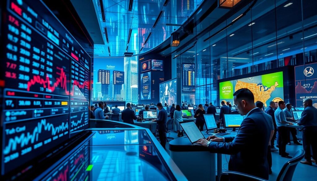 A modern cryptocurrency exchange scene illustrating the contrast between crypto exchanges and crypto kiosks. In the foreground, a sleek digital interface displaying fluctuating cryptocurrency prices and trade options, with a person in business attire analyzing data on a laptop. The middle layer features a high-tech, futuristic trading floor bustling with diverse professionals examining screens full of charts and graphs. The background shows a city skyline with glowing digital billboard advertisements promoting various cryptocurrencies. The lighting is bright and dynamic, casting reflections on glass surfaces, creating a vibrant and energetic mood. Use a wide-angle lens to capture the depth and complexity of the environment, emphasizing the fast-paced nature of crypto trading.