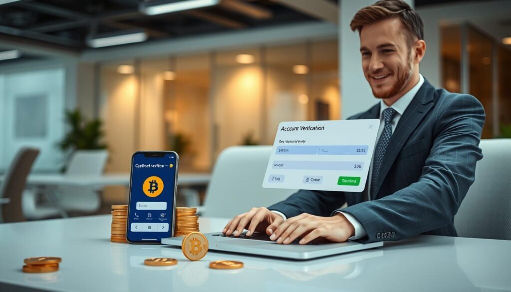 A modern digital workspace featuring a sleek laptop displaying a cryptocurrency exchange interface, symbolizing account verification in a user-friendly manner. In the foreground, a professional individual dressed in business attire operates the laptop with a look of focus and satisfaction. The middle ground includes various elements such as a smartphone displaying a verification app and piles of Bitcoin coins, showcasing the cryptocurrency theme. The background is a softly lit office environment with abstract cryptocurrency graphics subtly integrated into the design. The atmosphere is one of security and professionalism, conveying trust and anonymity in the realm of cryptocurrency exchanges in 2026. Soft shadows and a warm light source create an inviting yet high-tech ambiance.