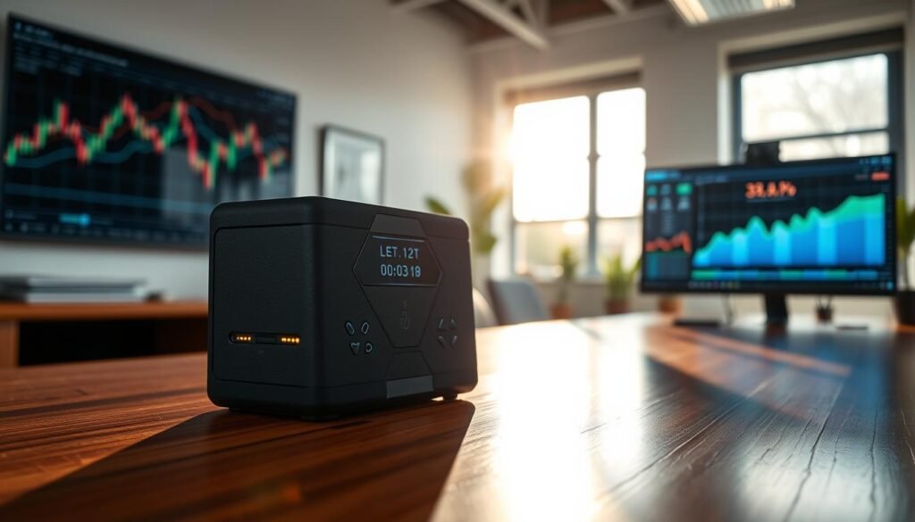 A modern hardware wallet showcasing its sleek design, placed prominently on a polished wooden desk in a bright office environment. The wallet is slightly open, displaying secure digital interfaces and LED lights, symbolizing security and cutting-edge technology. In the background, blurred out for depth, there are abstract financial charts and a digital asset management screen on a computer monitor. Sunlight filters through a nearby window, casting soft shadows. The mood is professional and secure, emphasizing the importance of safeguarding investments, with a focus on stability and long-term financial planning. No people are present, allowing the hardware wallet to stand as the central focus of the image.