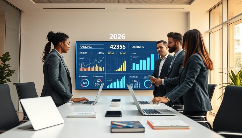 A modern office environment showcasing the concept of cryptocurrency exchange methodology. In the foreground, a diverse group of three professionals in business attire is engaged in a discussion, analyzing charts and data on digital currency trends. The middle ground features a large digital screen displaying an interactive ranking of cryptocurrency exchanges for 2026, with visually appealing graphs and metrics. The background includes a sleek conference table with laptops and blockchain books, along with large windows illuminating the space with soft, natural light. The overall atmosphere is focused and progressive, emphasizing collaboration and innovation in the world of crypto exchanges. Use a wide-angle lens to capture the dynamic energy of the scene.