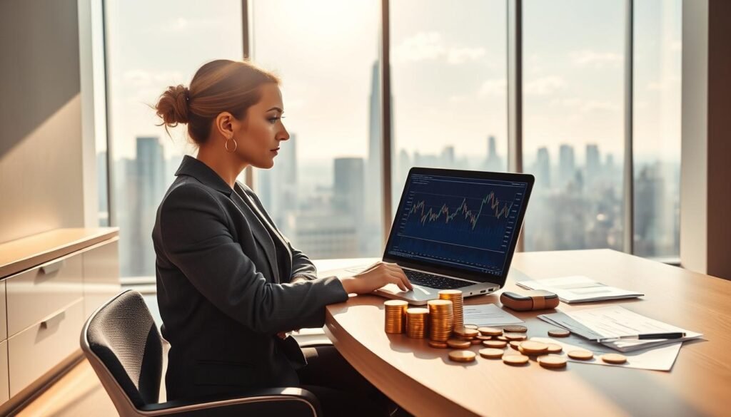 A modern office setting with a sleek, minimalist design. In the foreground, a confident businesswoman in professional attire sits at a desk, looking thoughtfully at a digital currency chart displayed on her laptop screen. The middle of the scene features a large window overlooking a city skyline, with sunlight pouring in, casting soft shadows. On the desk, beside the laptop, are various physical coins and a digital wallet device, emphasizing the theme of cryptocurrency and asset security. The background should convey a sense of urgency, with a subtle hint of chaos, like documents and graphs scattered around. The overall mood is serious yet hopeful, highlighting the importance of safeguarding one’s assets in a digital economy. Use warm lighting to enhance the professional atmosphere.