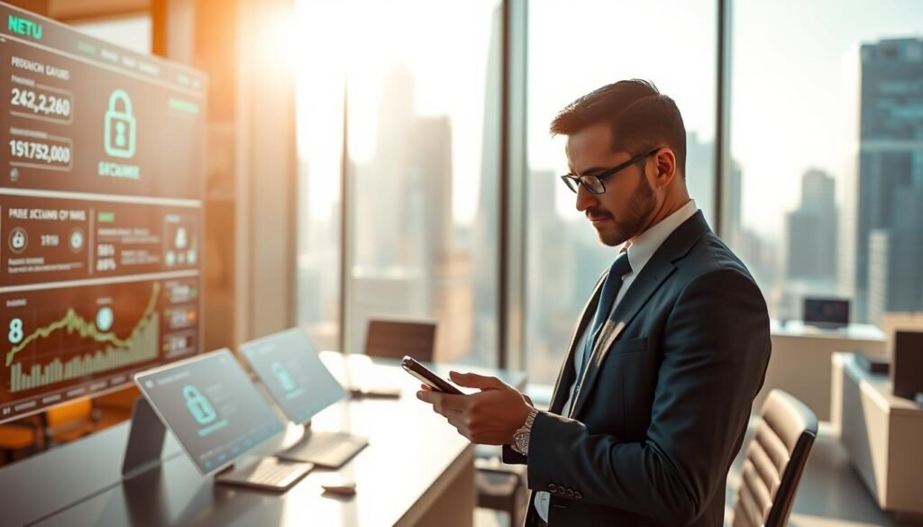 A modern, secure cryptocurrency exchange office in a high-tech urban environment. In the foreground, a professional individual dressed in business attire confidently conducts a transaction on a sleek digital device, with a focused expression. In the middle ground, a well-organized workspace features transparent screens displaying blockchain data, security features, and cryptocurrency charts. The background shows a futuristic city skyline, with bright sunlight filtering through large glass windows, creating a warm yet serious atmosphere. The overall mood conveys a sense of trust, innovation, and financial security in the realm of cryptocurrency trading for 2026, emphasizing the concept of a "safe crypto exchange." The image has a sharp focus, with a slight depth of field effect to draw attention to the individual and their digital device.