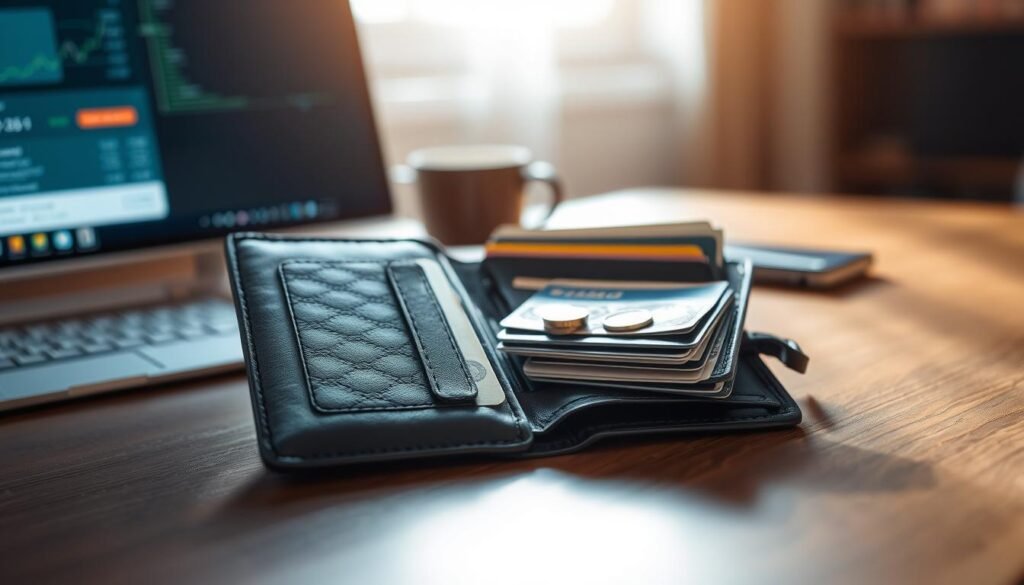 A modern, stylish wallet opened on a sleek wooden desk, showcasing a variety of cards, cash, and small coins neatly organized within. The background features a subtle hint of a computer screen displaying a digital wallet interface, symbolizing technology and finance. Soft, natural lighting streams in from a nearby window, casting gentle shadows that enhance the texture of the wallet's leather. The focus is sharp on the wallet, with a shallow depth of field blurring the background, creating an intimate atmosphere. The overall mood conveys a sense of responsibility and modernity in financial management, perfect for illustrating the importance of using digital wallets.