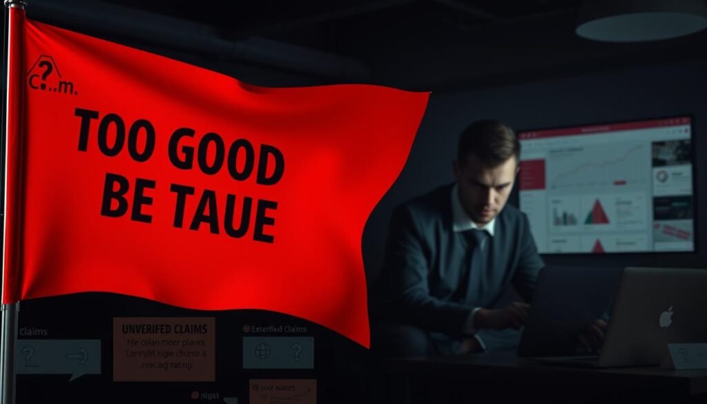 A montage of common warning signs associated with cryptocurrency scams, showcasing vivid red flags. In the foreground, emphasize a large, bold red flag symbol with text like "Too Good to Be True" and "Unverified Claims," surrounded by icons of broken chains and question marks. In the middle ground, include images of an online currency exchange interface with exaggerated low prices and dodgy user reviews. The background features a dimly lit office environment, with shadows that create a sense of unease, perhaps with a figure in professional attire peering suspiciously at a glowing laptop screen. The atmosphere is tense and foreboding, hinting at deception and caution, with a dark color palette illuminated by a stark light source. A montage of common warning signs associated with cryptocurrency scams, showcasing vivid red flags. In the foreground, emphasize a large, bold red flag symbol with text like "Too Good to Be True" and "Unverified Claims," surrounded by icons of broken chains and question marks. In the middle ground, include images of an online currency exchange interface with exaggerated low prices and dodgy user reviews. The background features a dimly lit office environment, with shadows that create a sense of unease, perhaps with a figure in professional attire peering suspiciously at a glowing laptop screen. The atmosphere is tense and foreboding, hinting at deception and caution, with a dark color palette illuminated by a stark light source.