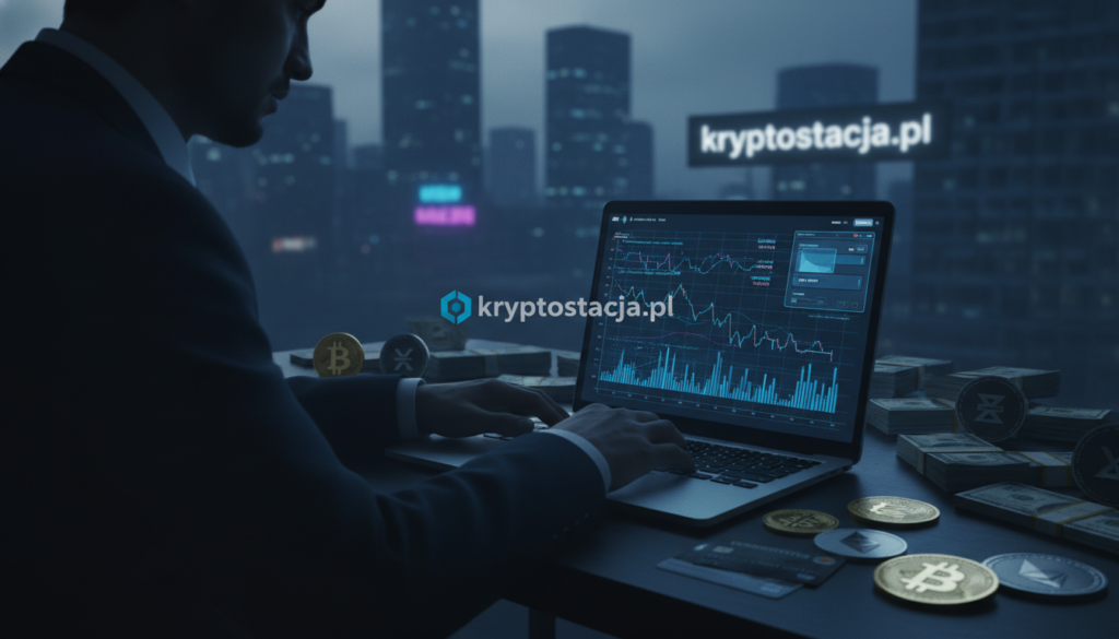 A mysterious, dark-themed digital art depicting the concept of cryptocurrency payments in a criminal context. In the foreground, a shadowy figure dressed in a professional business suit is seen analyzing complex charts on a glowing laptop, with a digital wallet interface reflected on the screen. In the middle ground, scattered coins representing various cryptocurrencies, including Bitcoin and Ethereum, lay on a desk alongside physical cash, indicating a blend of digital and traditional payments. The background features a dimly lit urban environment with faint outlines of tall buildings and flickering neon signs, adding to the suspenseful atmosphere. The overall mood is tense and intriguing, showcasing the duality of innovation and illegality. Illuminate the scene with a cold blue light, creating a stark contrast with deep shadows to enhance the sense of secrecy. Include the brand name "kryptostacja.pl" subtly integrated into the background scene.