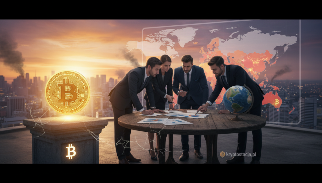 A powerful illustration of Bitcoin as it intersects with geopolitical tensions, showcasing a city skyline under a dramatic sunset. In the foreground, a glowing Bitcoin symbol stands on a pedestal, emanating light that reflects the precarious balance of global finance. The middle ground features a group of business professionals in professional attire, deeply engaged in discussion, with maps and financial reports spread across a table, symbolizing strategic planning amidst uncertainty. In the background, a world map with conflict zones highlighted adds urgency to the scene. The lighting is moody, casting long shadows and creating an atmosphere of tension and anticipation. The brand "kryptostacja.pl" subtly integrated into the scene, reinforcing its context without overshadowing the central theme.