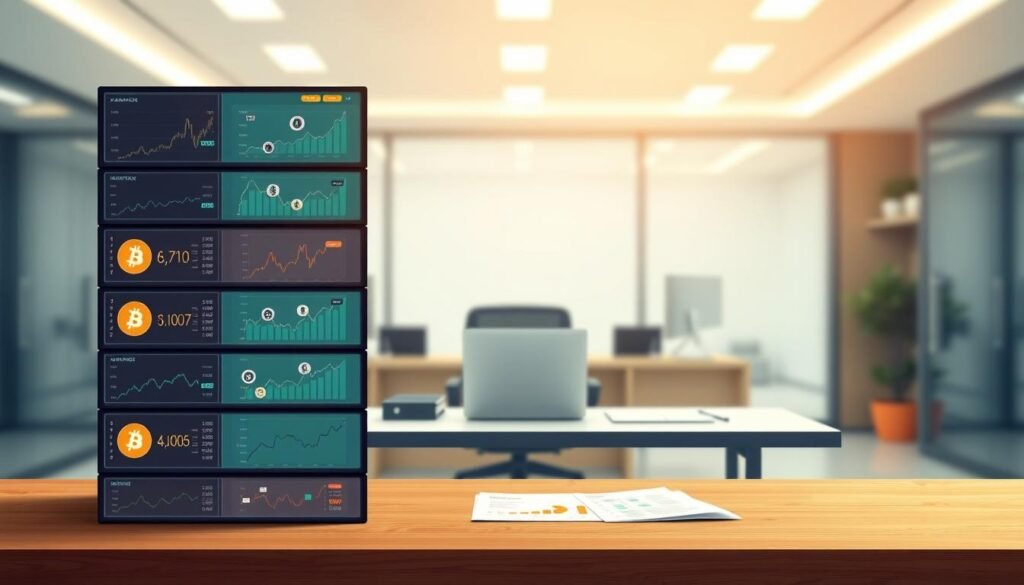 A professional and modern digital illustration depicting a ranking of cryptocurrency exchange offices (kantorów) in a sleek and informative style. In the foreground, a series of ten stacked digital panels or screens, each displaying graphs and icons representing various cryptocurrencies and exchange rates, with a focus on Bitcoin. The middle layer features a stylized, minimalist desk with a laptop and charts spread out, suggesting analysis and comparison. The background showcases a blurred, high-tech office environment, conveying a sense of professionalism. Soft, ambient lighting enhances the atmosphere, while a slight depth of field effect emphasizes the subject matter. The overall mood should be informative and sophisticated, aimed at illustrating a detailed comparison of exchange offerings without any distractions or overlays.
