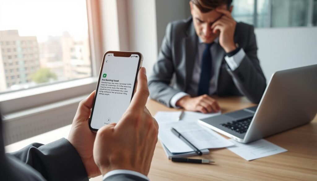 A professional business person, dressed in smart attire, seated at a modern desk in a well-lit office, looking concerned as they interact with a smartphone showing a banking app. In the foreground, the smartphone screen displays an alert about a banking issue, creating a sense of urgency. In the middle ground, a laptop open with documents and notes scattered about, signifying the importance of timely communication with the bank. The background features a window with a view of a busy city, indicating a fast-paced environment. Soft, natural lighting enhances the atmosphere of apprehension and focus, while the overall mood captures a moment of frustration and the need for decisive action regarding financial matters.