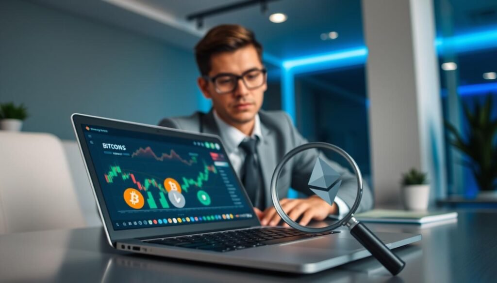 A professional-looking individual, dressed in business attire, sits at a modern desk, focused on a laptop displaying a cryptocurrency exchange platform. The foreground features a close-up of the open laptop screen, showcasing digital currency graphs and security icons. In the middle ground, various cryptocurrencies are visually represented by colorful, well-known logos, such as Bitcoin and Ethereum, alongside a magnifying glass symbolizing scrutiny. The background includes a sleek office environment with minimalistic decor, soft blue lighting creating a calm yet alert atmosphere. The scene conveys a sense of trust and caution, emphasizing the importance of assessing the credibility of online exchange platforms before transactions. The angle is slightly elevated, capturing both the individual’s concentration and the digital exchange interface. A professional-looking individual, dressed in business attire, sits at a modern desk, focused on a laptop displaying a cryptocurrency exchange platform. The foreground features a close-up of the open laptop screen, showcasing digital currency graphs and security icons. In the middle ground, various cryptocurrencies are visually represented by colorful, well-known logos, such as Bitcoin and Ethereum, alongside a magnifying glass symbolizing scrutiny. The background includes a sleek office environment with minimalistic decor, soft blue lighting creating a calm yet alert atmosphere. The scene conveys a sense of trust and caution, emphasizing the importance of assessing the credibility of online exchange platforms before transactions. The angle is slightly elevated, capturing both the individual’s concentration and the digital exchange interface.