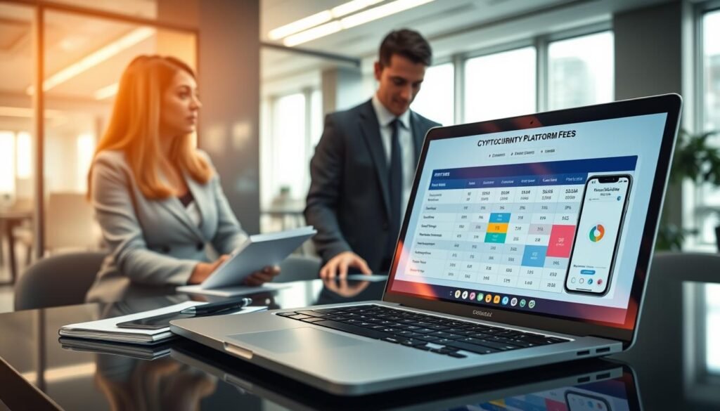 A sleek, modern digital workspace representing cryptocurrency platform fees. In the foreground, a clear, professional laptop screen displays a colorful chart comparing fees and features of various crypto platforms. Next to it, a notepad with pen and an elegant smartphone showing a crypto wallet app, both implying thoughtful investment. The middle ground features focused individuals wearing smart business attire, analyzing data together in an office setting, emphasizing collaboration and strategy. The background showcases a high-tech office with soft lighting and large windows, letting in a warm, golden glow that enhances the productive atmosphere. The mood is positive, encouraging learning and efficient investment. A sleek, modern digital workspace representing cryptocurrency platform fees. In the foreground, a clear, professional laptop screen displays a colorful chart comparing fees and features of various crypto platforms. Next to it, a notepad with pen and an elegant smartphone showing a crypto wallet app, both implying thoughtful investment. The middle ground features focused individuals wearing smart business attire, analyzing data together in an office setting, emphasizing collaboration and strategy. The background showcases a high-tech office with soft lighting and large windows, letting in a warm, golden glow that enhances the productive atmosphere. The mood is positive, encouraging learning and efficient investment.