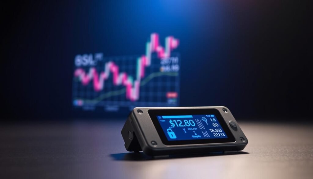 A sleek, modern hardware wallet displayed prominently in the foreground, featuring a high-tech design and illuminated screen showing graphical representations of cryptocurrency keys. In the middle ground, a subtle, blurred representation of a digital exchange interface is visible, symbolizing the concept of online currency transactions. The background consists of a high-contrast gradient, with hues of dark blue and silver, creating a futuristic atmosphere. Soft, focused lighting casts gentle shadows, emphasizing the texture and details of the wallet, while a slight lens flare adds to the technological feel. The overall mood is serious and informative, reflecting the importance of security in the cryptocurrency world.