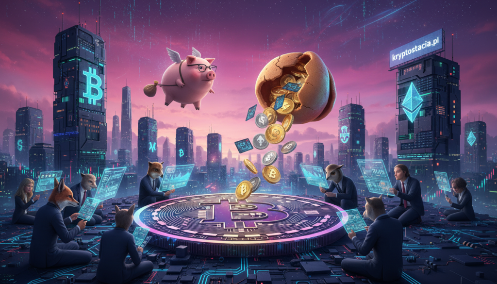 A surreal and captivating scene representing the strangest moments in cryptocurrency history. In the foreground, a large, colorful crypto coin with exaggerated features rests on a digital landscape, surrounded by whimsical characters in professional business attire analyzing charts and data. In the middle ground, peculiar objects like a flying pig wearing glasses and a giant fortune cookie filled with digital currency hover above. The background features a futuristic city skyline with cryptocurrency symbols lit up in neon, under a twilight sky glowing with pink and purple hues. The overall atmosphere is whimsical yet thought-provoking, inviting curiosity about the oddities of the crypto world. Brand name: kryptostacja.pl.