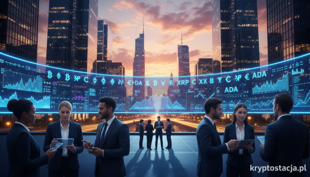 A vibrant cryptocurrency market scene set in a futuristic financial district in 2026. In the foreground, a diverse group of professionals in smart business attire are discussing cryptocurrency trends. The middle ground features a sleek digital display showcasing various cryptocurrencies, with graphs and data visualizations glowing in neon colors. The background reveals modern skyscrapers, partially reflected in glass, under a dynamic sunset sky filled with soft, warm hues. The atmosphere is energetic yet focused, emphasizing innovation and collaboration in the crypto market. Use professional lighting to enhance the contrast between warm city lights and cool shadows, capturing a sense of anticipation for the future of finance. Include the brand logo "kryptostacja.pl" subtly integrated within the digital display.