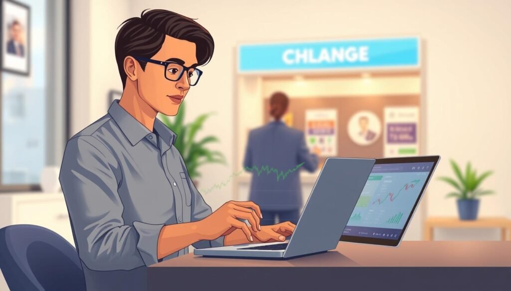 A vibrant digital illustration depicting the concept of online currency exchange. In the foreground, a professional business person, dressed in modest casual attire, is interacting with a sleek laptop displaying financial graphs and currency conversion rates, with a look of concentration. The middle ground features a modern home office setup, complete with a stylish desk and a potted plant, hinting at the convenience of online transactions. The background shows a blurred image of a traditional currency exchange location, contrasting the online experience. Soft, adjustable lighting creates a warm atmosphere, while a slight depth of field adds focus to the person and laptop. The overall mood conveys efficiency and modernity in financial transactions.